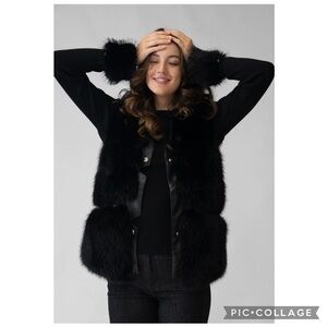Adrienne Landau Onyx Black Faux Fur & Faux Leather Snap Front Vest Size Small